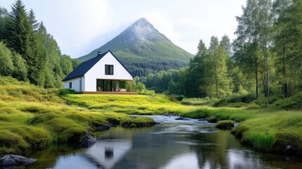 Fototapeta premium Modern cabin nestled in a serene mountain valley, surrounded by lush greenery and a crystal-clear stream. Tranquil escape, perfect for relaxation and contemplation