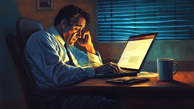 A contemplative man engrossed in late-night work at a desk.