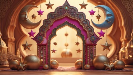 Fototapeta premium An ornate pink and gold archway frames celestial decorations with whimsical moons and stars for