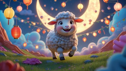 Obraz premium A cheerful sheep runs across a grassy field under a glowing moon and festive lanterns, creating a