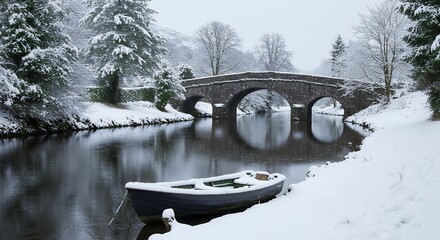 Capture magical winter landscape photo high detail showing snow covered boat resting by riverbank framed by ancient stone bridge snowy trees background near Ross Castle County Kerry