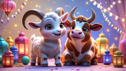 Naklejka premium Two adorable cartoon animal friends, a goat and cow, pose amongst festive lanterns and twinkling