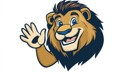 Obraz premium Friendly lion waving hello; white background; cartoon mascot; ideal for children's books