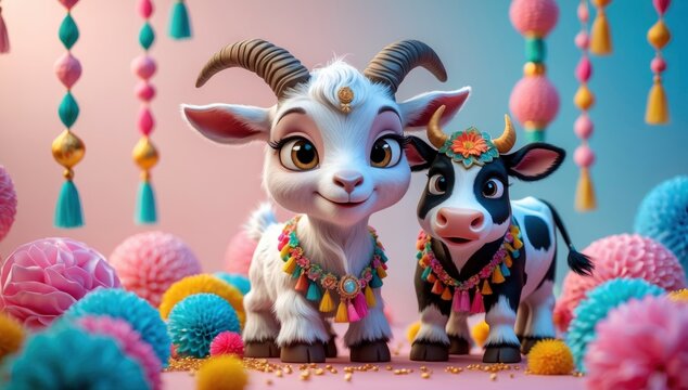 Adorable cartoon goat and cow stand side by side in a festive and colorful celebratory arrangement.