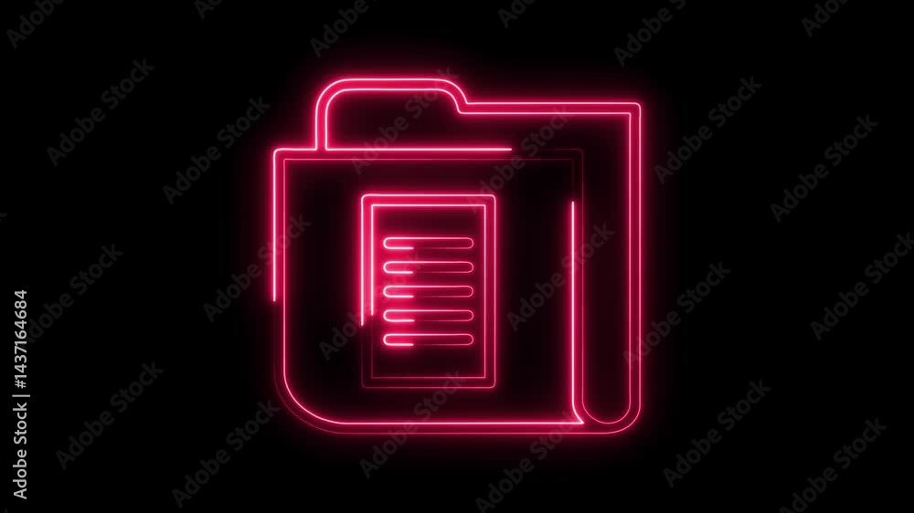 Poster glowing neon folder icon animation on black background red archive symbol