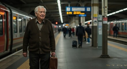 Obraz premium Elderly man walking with suitcase at a train station 