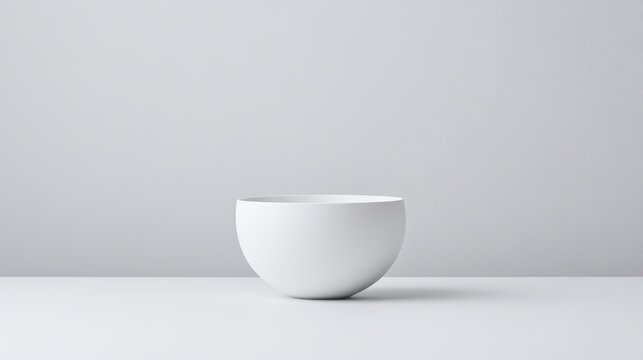 A minimalist white ceramic bowl placed on a clean white surface, simple and elegant composition with soft grey background, and studio shot.