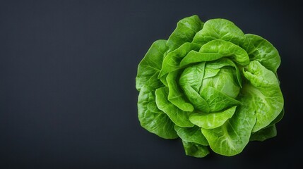 Fresh green lettuce head on a dark background, showcasing crisp, vibrant leaves.
