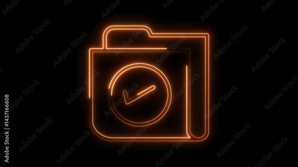 Poster glowing neon folder icon with check mark animation on black background