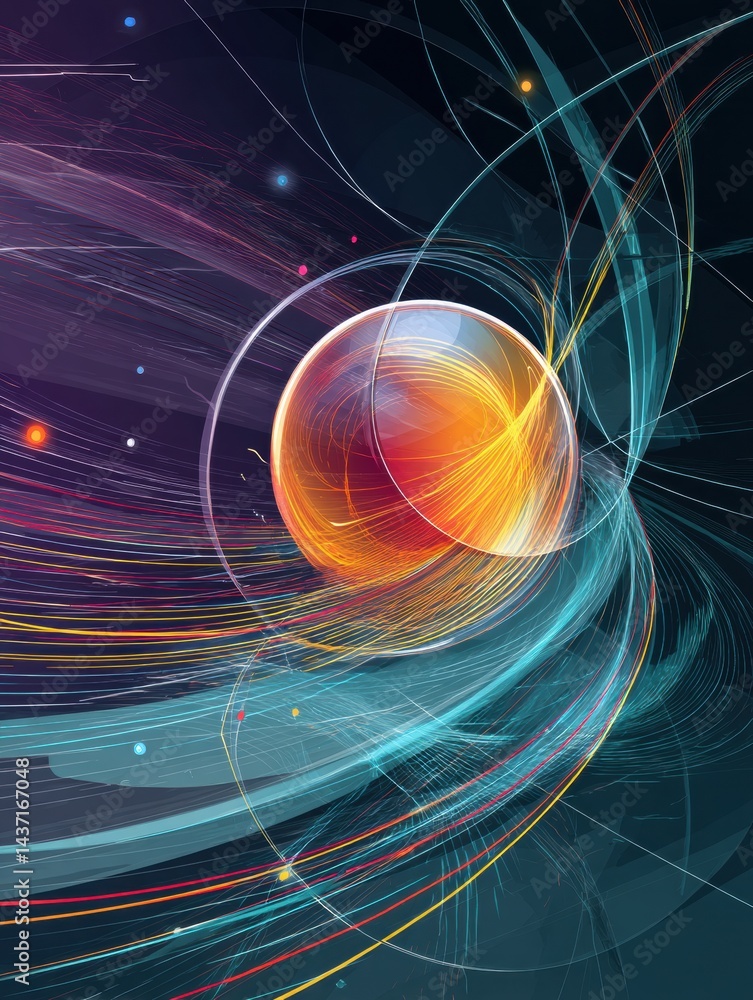 Poster Floating AI Orb Surrounded by a Vibrant Energy Field and Swirling Data Creates a Dynamic Visual Experience at the Intersection of Technology and Imagination