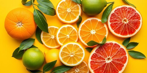 Overhead shot of vibrant citrus fruits (orange, lemon, lime, grapefruit) on yellow background Ample copy space, overhead,  product photography