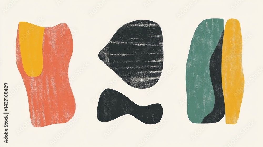 Poster set of three minimalist abstract wall art prints with simple geometric shapes and vibrant boho color