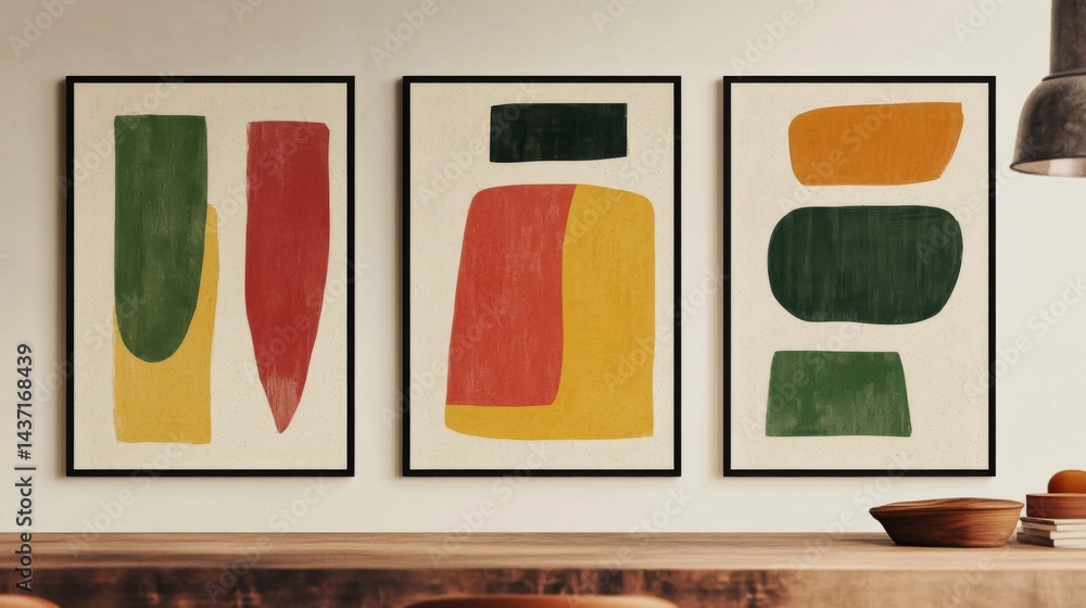 Poster set of three minimalist abstract wall art prints with simple geometric shapes and vibrant boho color