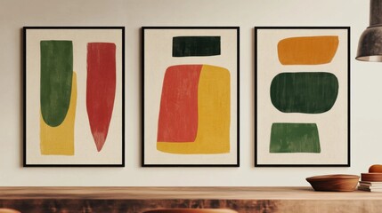 Set of three minimalist abstract wall art prints with simple geometric shapes and vibrant boho color palette