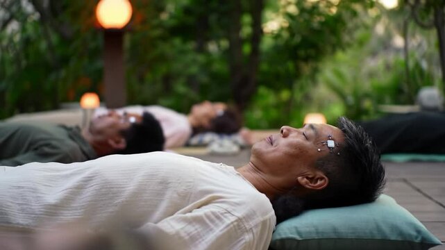 Participants lie on yoga mats in a tranquil outdoor space, practicing meditation during sunset. The atmosphere is peaceful, encouraging deep relaxation and mindfulness.