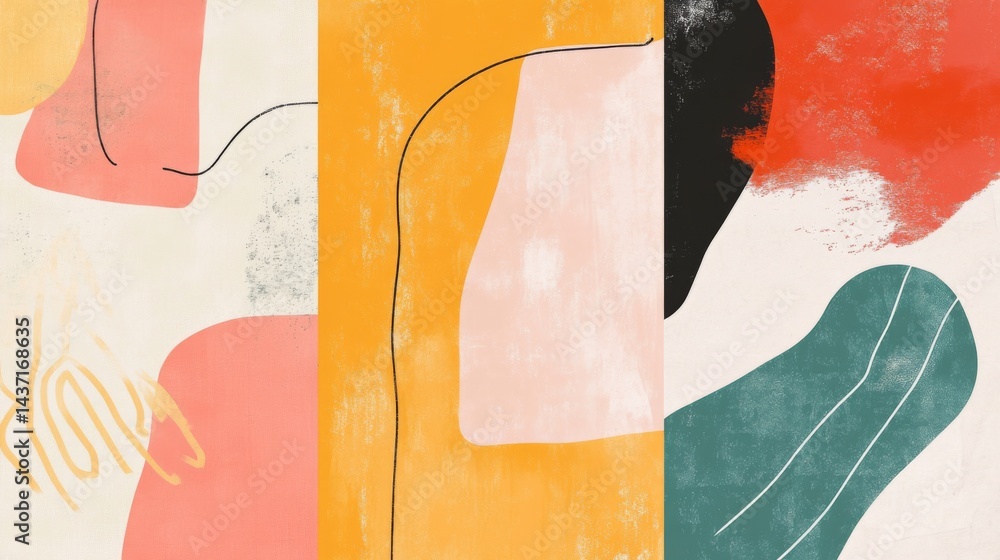 Poster set of three minimalist abstract wall art prints with simple geometric shapes and vibrant boho color