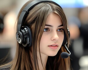 Young woman with headphones and microphone, focused expression