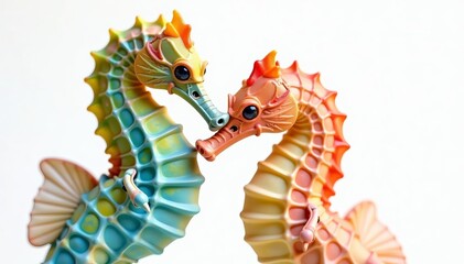 Pair of colorful sea horses together, on a white backdrop, aquatic life, tropical, fauna