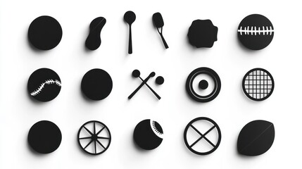 Sports equipment icons; various balls, bats, and rackets; white background; website design