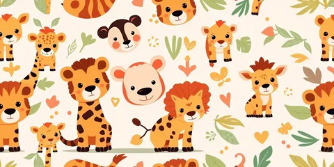 Abstract seamless pattern featuring adorable cartoon safari animals on a pastel background, vector, wallpaper