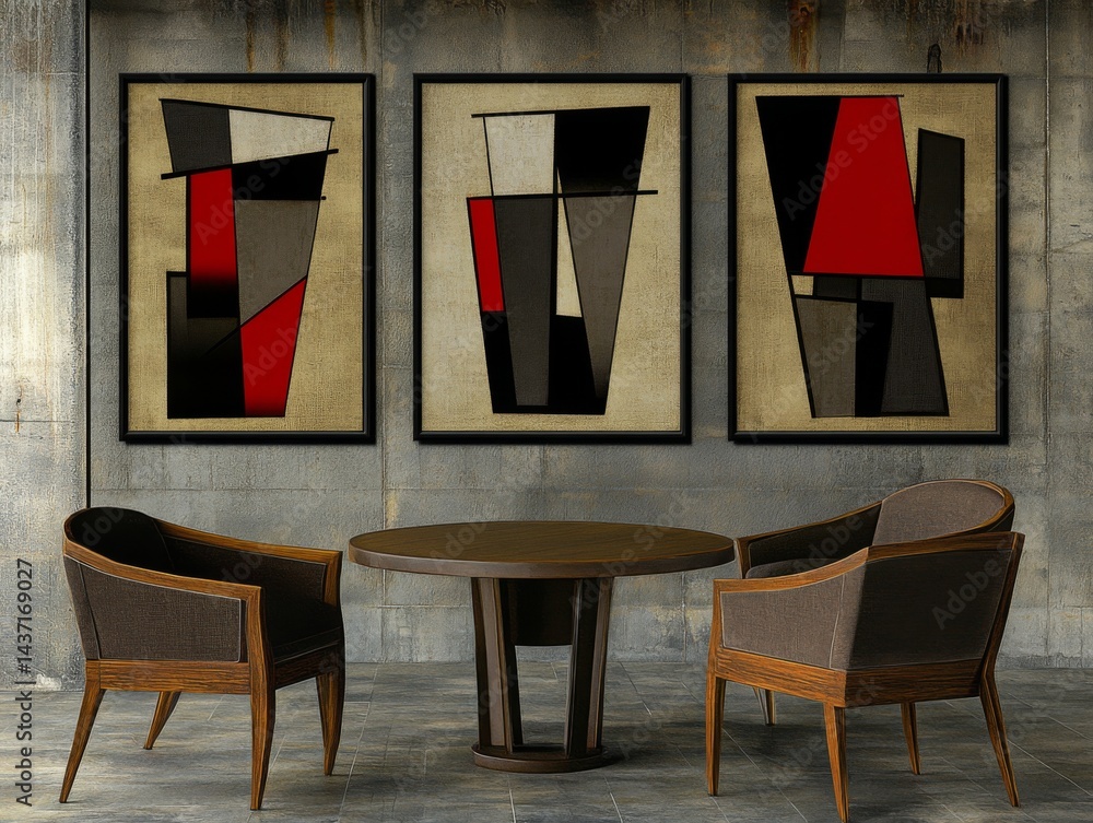 Poster set of three minimalist abstract wall art prints with simple geometric shapes and vibrant boho color