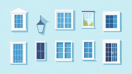 Obraz premium Various window styles on light blue wall, exterior view