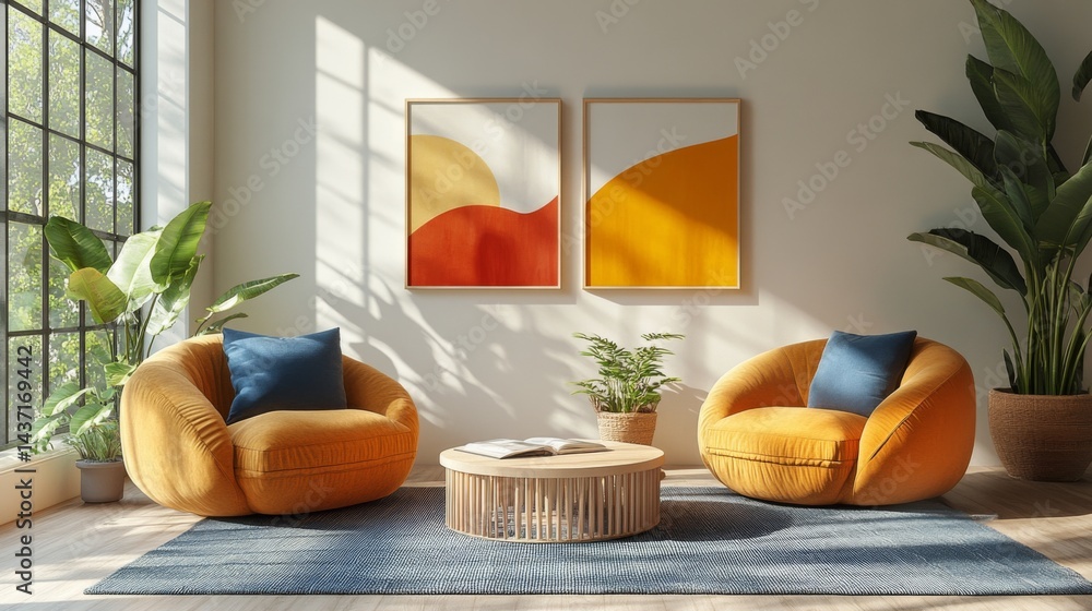 Poster set of three minimalist abstract wall art prints with simple geometric shapes and vibrant boho color