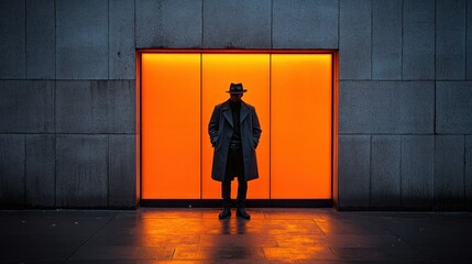Urban figure in a coat, backlit by an orange glow