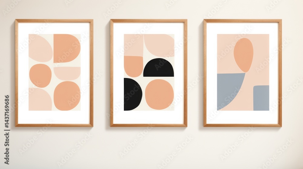 Poster set of three minimalist abstract wall art prints with simple geometric shapes and vibrant boho color