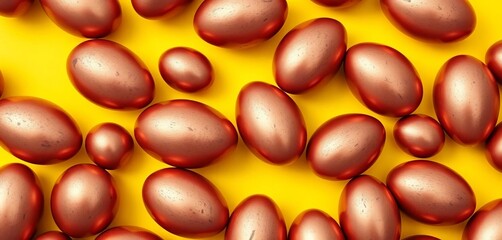 Seamless pattern of bronze eggs on a bright yellow background, ample empty space, luxury, organic