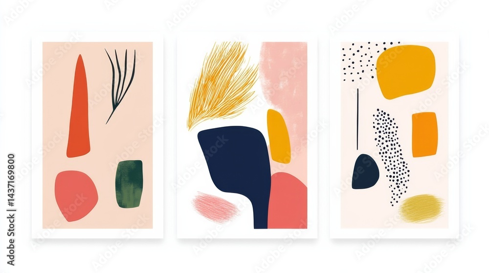 Poster set of three minimalist abstract wall art prints with simple geometric shapes and vibrant boho color