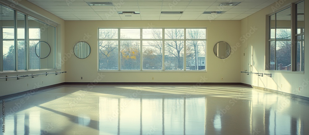 Poster sunlit empty dance studio with mirrors. perfect for classes