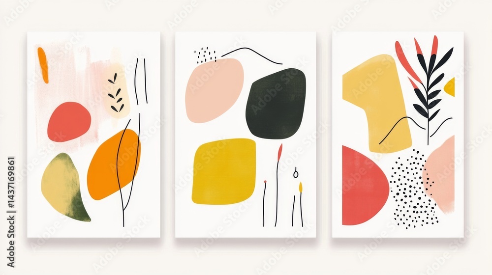 Poster set of three minimalist abstract wall art prints with simple geometric shapes and vibrant boho color
