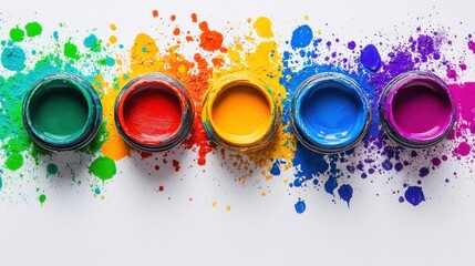 Vibrant Splash of Colorful Paints in Clear Jars on White Background for Creative Projects