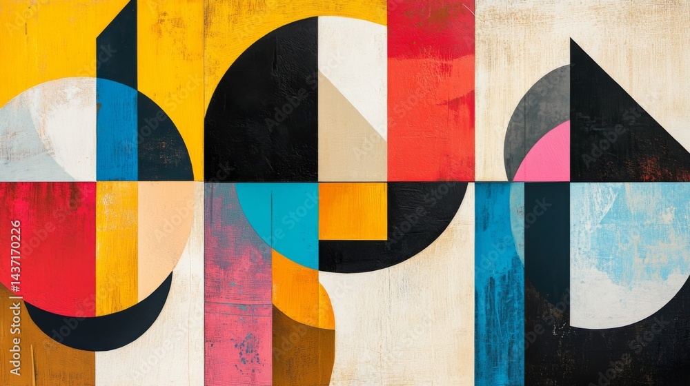 Poster set of three minimalist abstract wall art prints with simple geometric shapes and vibrant boho color