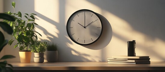 Sunlit room with plants, clock, and books. Home office