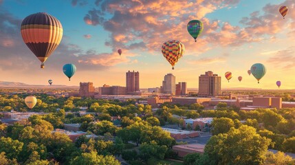 A panoramic view of the Albuquerque skyline with a sky filled with vibrant balloons, creating a dreamy festival scene with space for text.