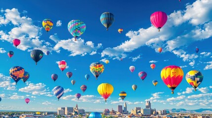 A panoramic view of the Albuquerque skyline with a sky filled with vibrant balloons, creating a dreamy festival scene with space for text.