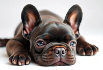 Fotobehang Adorable black French Bulldog puppy sprawled on white background, image,  frenchy © DITSARAPHAN
