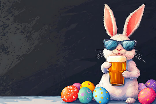 A playful rabbit wearing sunglasses holds a beer amidst colorful Easter eggs on a dark background