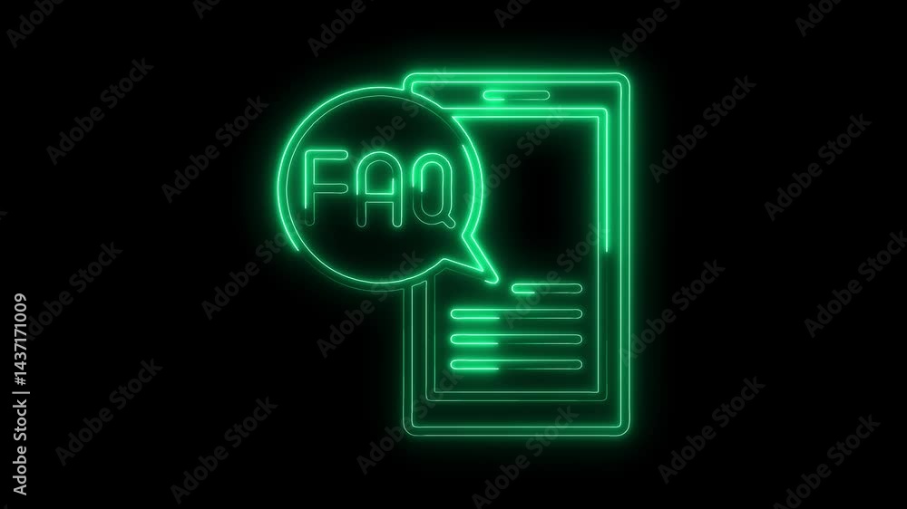 Poster neon style faq on mobile device animation over black background