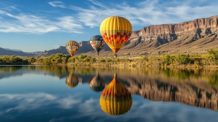 A scenic view of the Rio Grande with hot air balloons reflecting in the water, creating a stunning composition with negative space.