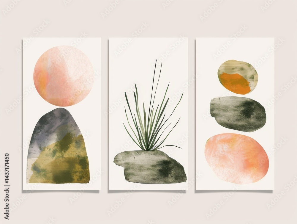 Poster set of three minimalist abstract wall art prints with simple geometric shapes and vibrant boho color