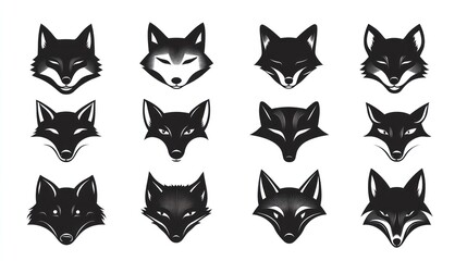 Twelve fox head illustrations, white background, graphic design, logo