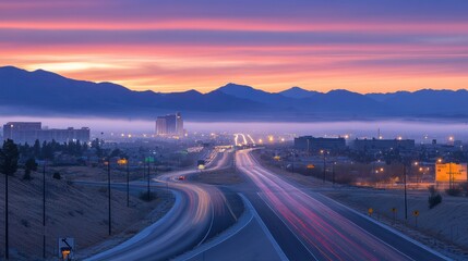 Cityscape at dawn: a mesmerizing view of urban life under a vibrant sky