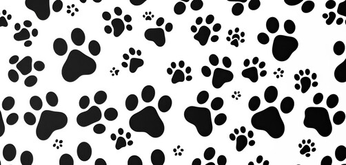 Adorable black animal paw prints repeat seamlessly on white banner background, ample copy space, silhouette, design element