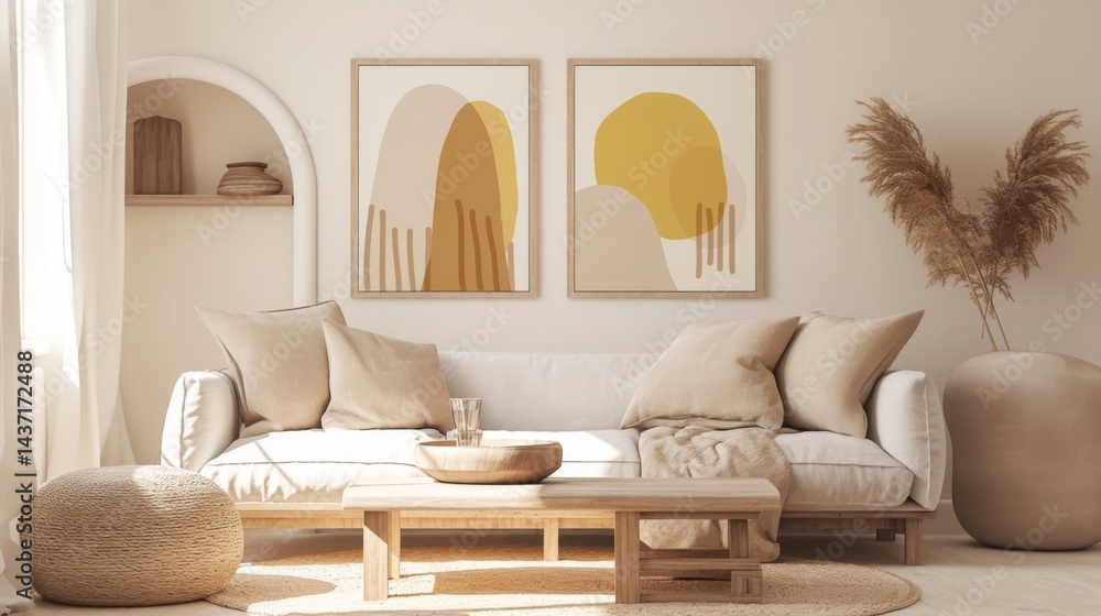 Poster set of three minimalist abstract prints featuring simple geometric shapes in vibrant boho colors