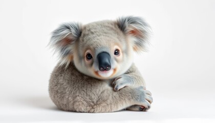 Fototapeta premium Adorable koala bear, fluffy grey fur, sitting on white background, cuddly, resting