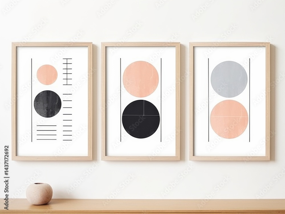 Poster set of three minimalist abstract wall art prints with simple geometric shapes and vibrant color pale