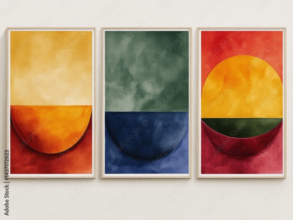 Poster set of three minimalist abstract wall art prints with simple geometric shapes and vibrant color pale